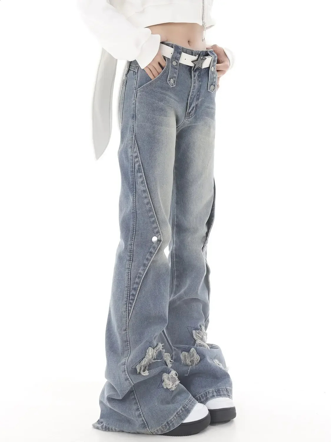 Women Blue Y2k Star Flare Jeans Vintage Cowboy Pants Harajuku Denim Trousers 90s Streetwear 2000s Trashy Clothes 240724