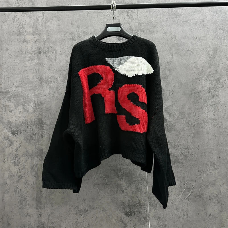 Black RAF SIMONS Sweater For Men Women Letter R Oversize Bat Shirt Knit Sweatshirts 240723