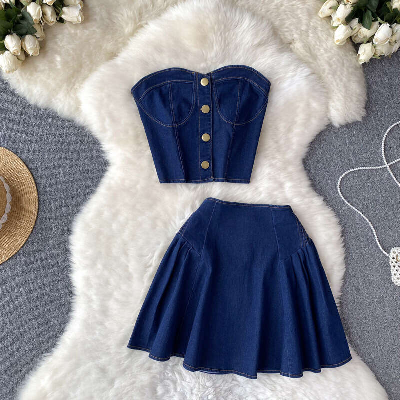 Sweet and Cool Spicy Girl Skirt Womens Summer Short Cowboy Bra Top Two Piece Set High Waist A-line Half Skirt Short Sexy Pregnant Womens Dress BOHO DR