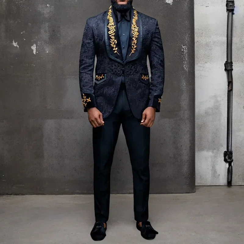 Black Floral Men Suits with Buttons Shawl Lapel Jacket with Pants 2 Piece Groom Tuxedo Blazer Trousers 240723