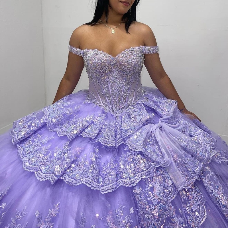 Lavender Off-Shoulder Shiny Ball Gown Quinceanera Dresses 2024 Classic Applique Lace Beads Crystal Sweet 16 Dress Vestidos De 15 Anos