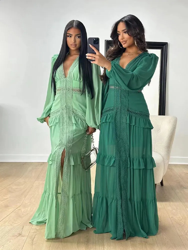 Elegant Hollow Lace Patchwork Ruffle Long Dress For Women Deep V-neck Lantern Sleeves Slim Maxi Dresses Evening Party Robes 240723