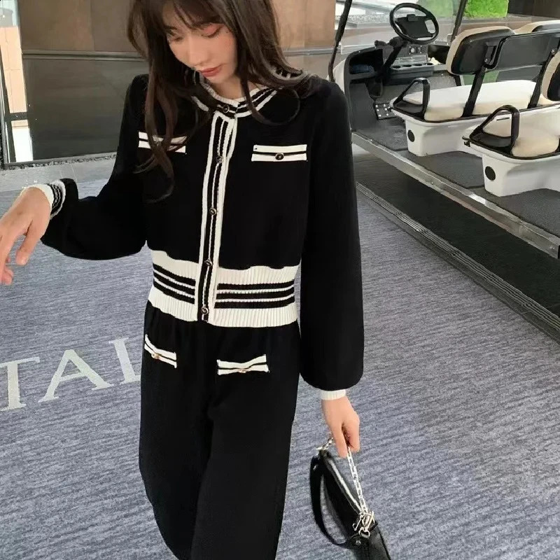 Small Fragrance Professional Fashion Suit Female Network Red Y2k Autumn Fashion Knit Wide-Leg Pants Two-Piece Set Women 240724