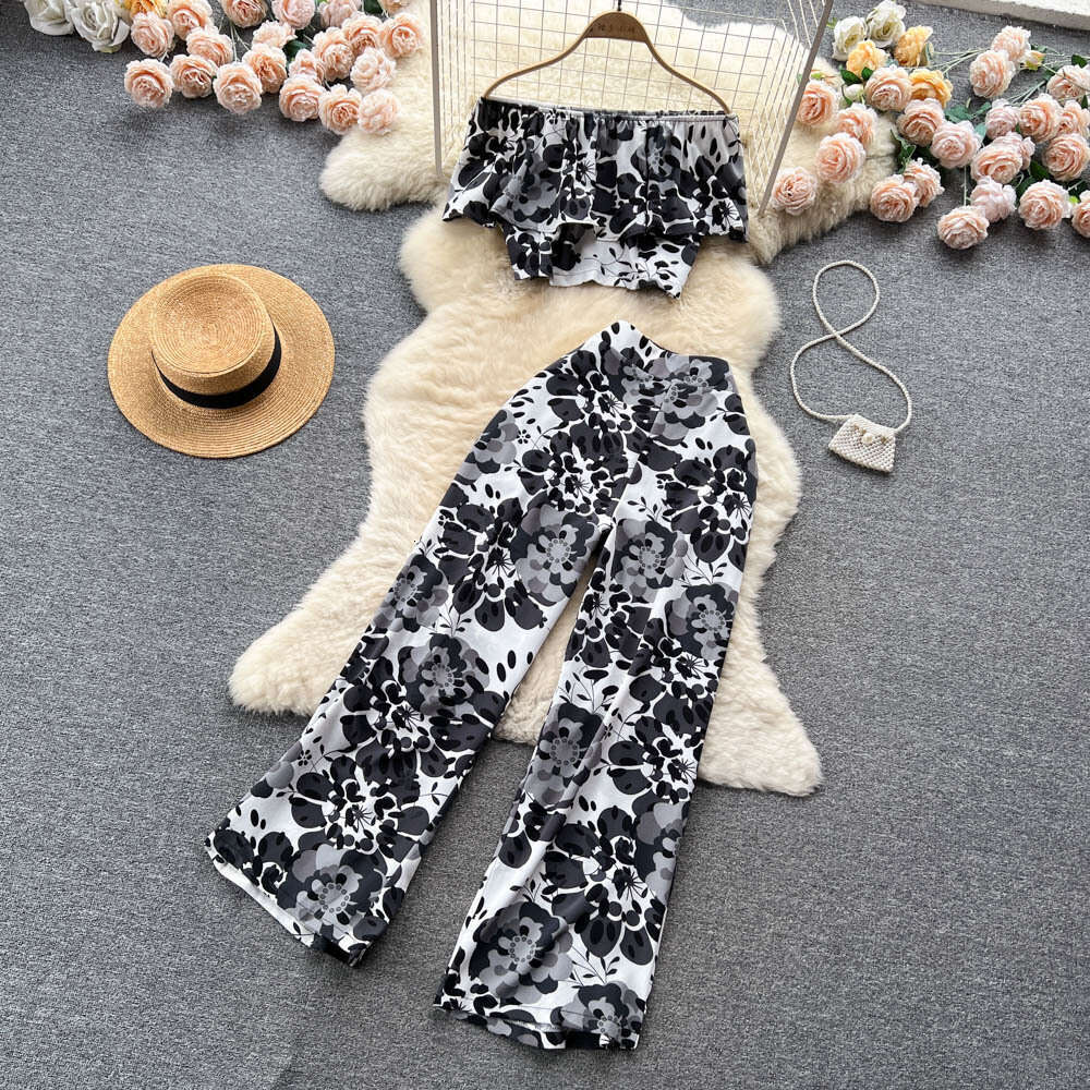 and Slim Set Womens Summer Sweetheart One Line Neck Top Versatile High Waist Wide Leg Pants Printed Two Pieces Waist Loose Bifurcated Oversize Dress