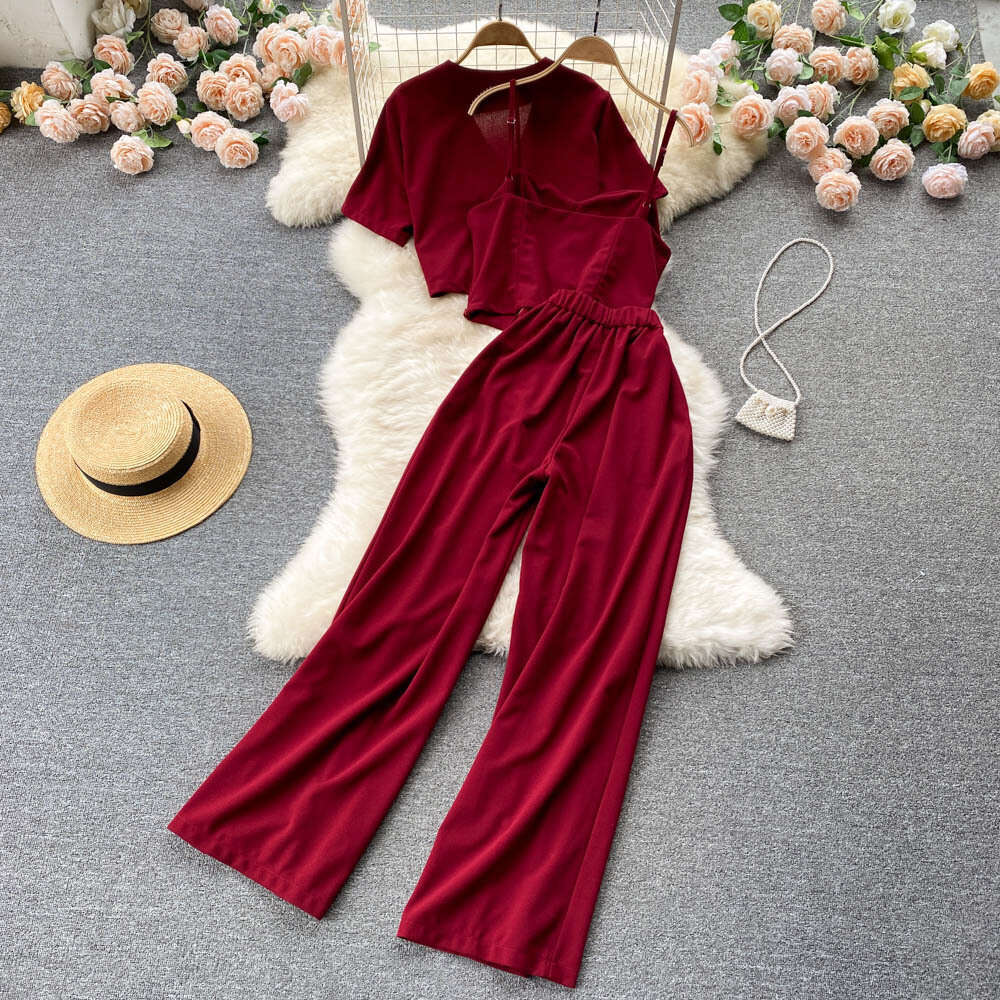 Korean Fashion Womens Summer Camisole Vest Short V-neck Shirt Jacket High Waist Wide Leg Long Pants Three Piece Set Waist Loose High Waist Dress Silk 