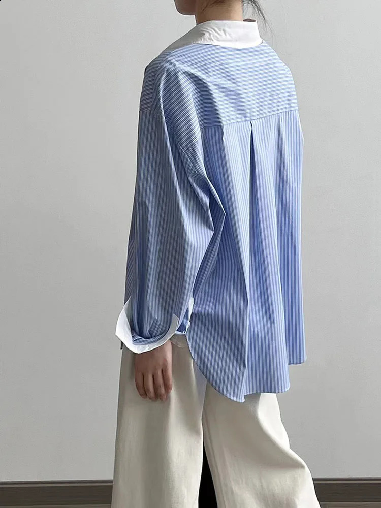 Striped Patchwork Shirt for Women Summer Loose Lapel Office Ladies Long Sleeve Blouses Korean Chic Elegant AllMatch Button Tops 240723