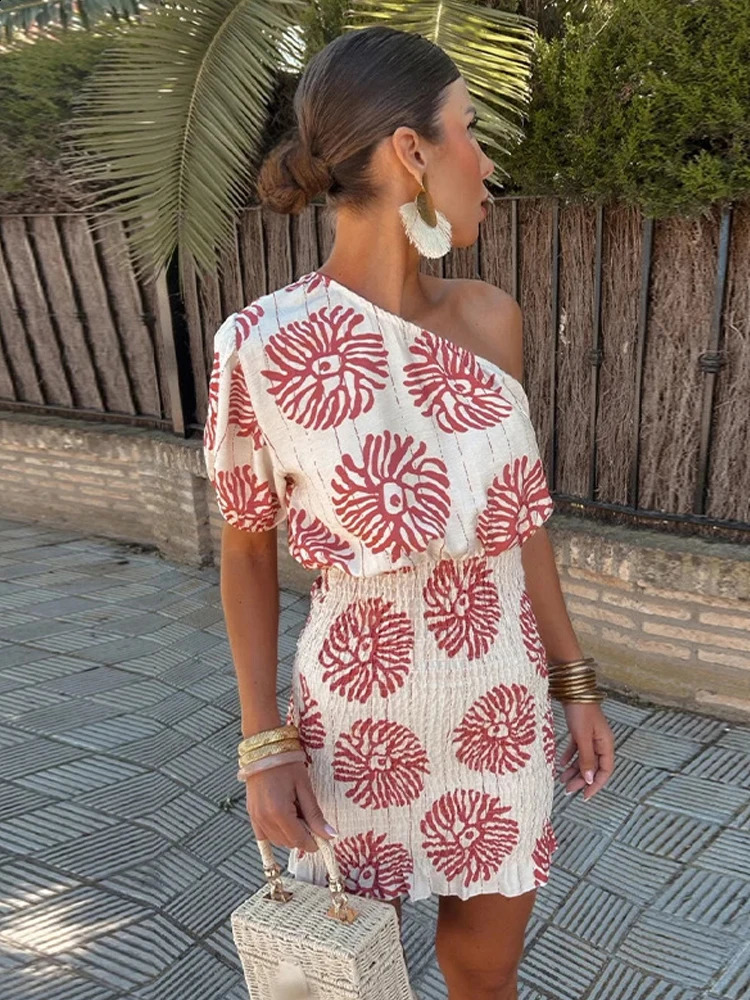 Women Elegant Slim Fit Mini Dress Irregular One Shoulder Summer Short Sleeve Print Dresses Streetwear Vintage Sexy Party Vestido 240723