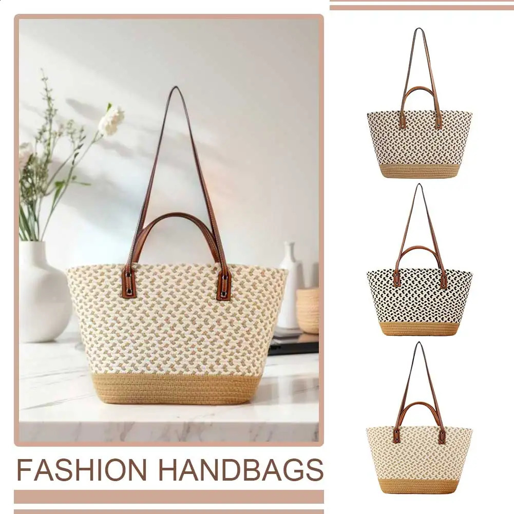 Women Woven Tote Bag Summer Beach Large Capacity Handmade Bohemian Patchwork for Shopping Commuting 240723