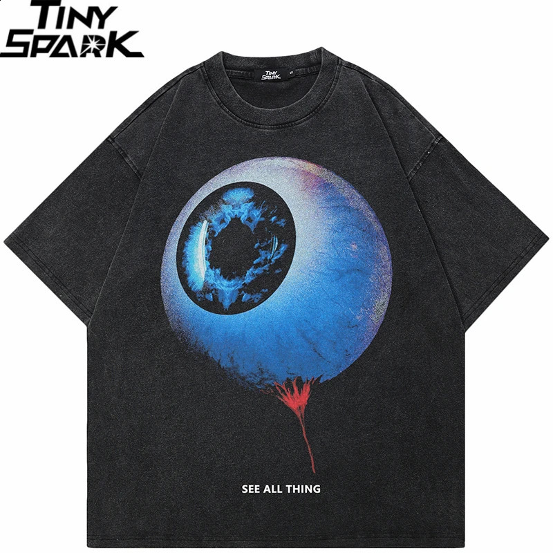 Hip Hop 2024 Retro Washed Black T-Shirt Streetwear Big Eyeball Graphic T Shirt Cotton Unisex Tshirt Men Tops Tees Y2K 240724