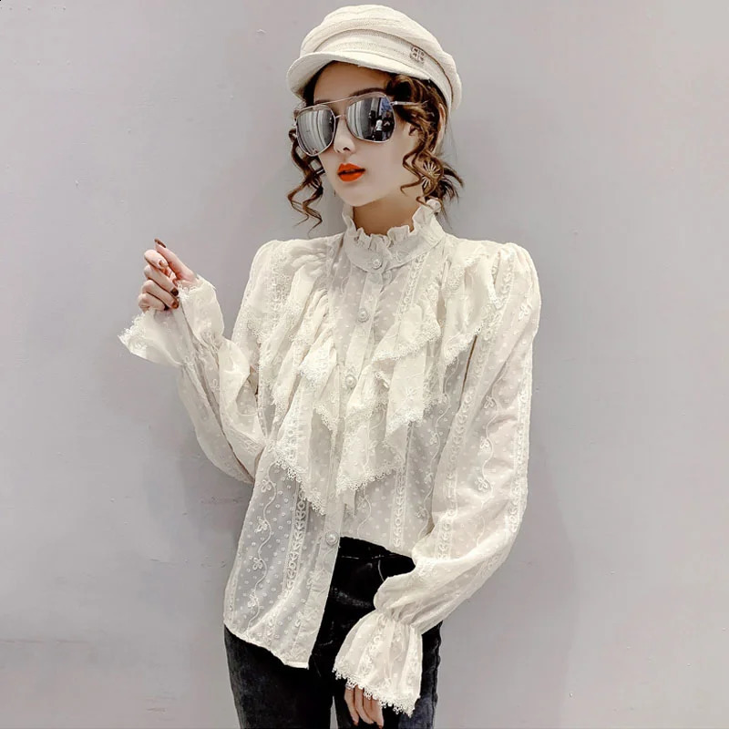 Korean Style Ruffle Stitching Lace Blouse Fashion Long Sleeve Loose Chiffon Shirt Elegant Stand Collar Pleated Tops Blusas 15832 240723