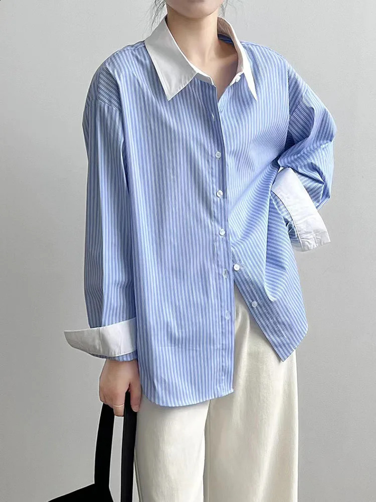 Striped Patchwork Shirt for Women Summer Loose Lapel Office Ladies Long Sleeve Blouses Korean Chic Elegant AllMatch Button Tops 240723