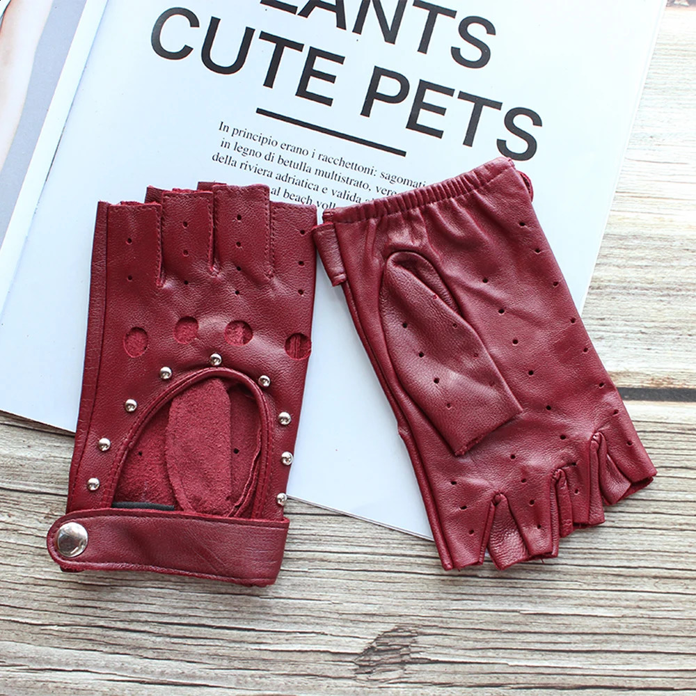 Half Finger Women Leather Gloves Spring And Summer Thin Goatskin Mittens Hollow Short Sports Riding Driver Colour Gloves 240713
