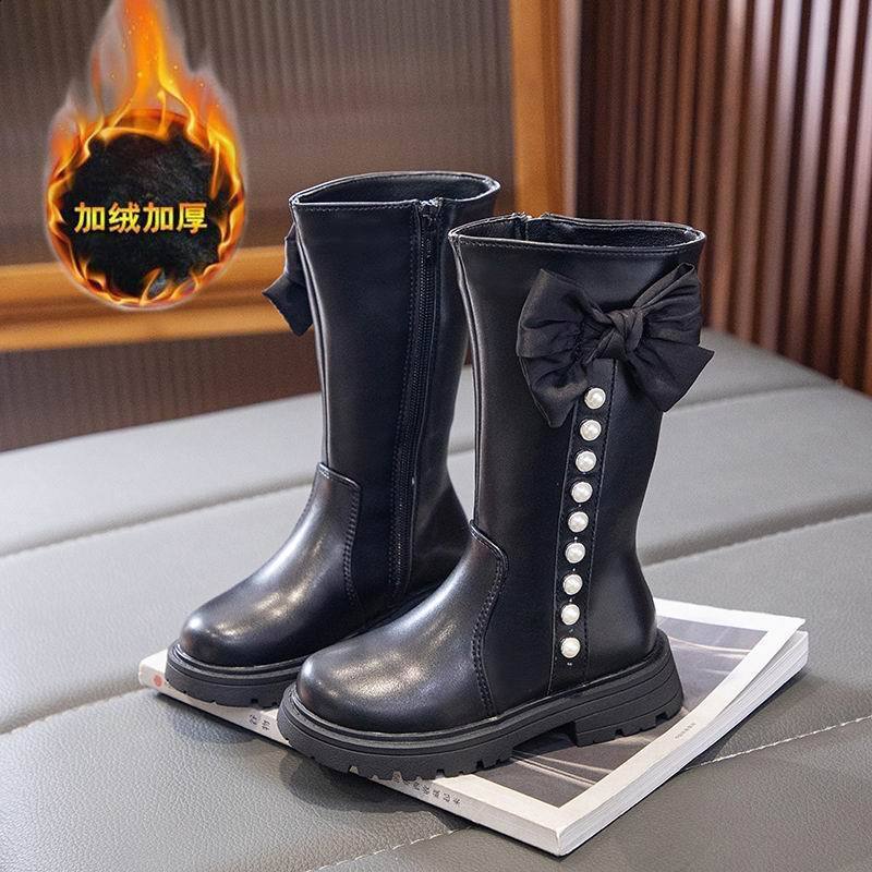 Girls cotton boots childrens fashion princess bow pearl 2023 autumn and winter new item childrens plush warm high tube 221128