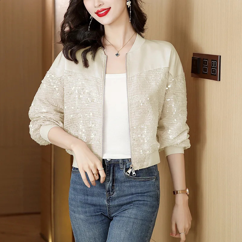 #5369 Black Pink Sequins Coat Women Slim Streetwear Baseball Jacket Batwing Sleeve Zipper Short Womens Jackets And Coats Spring 240812