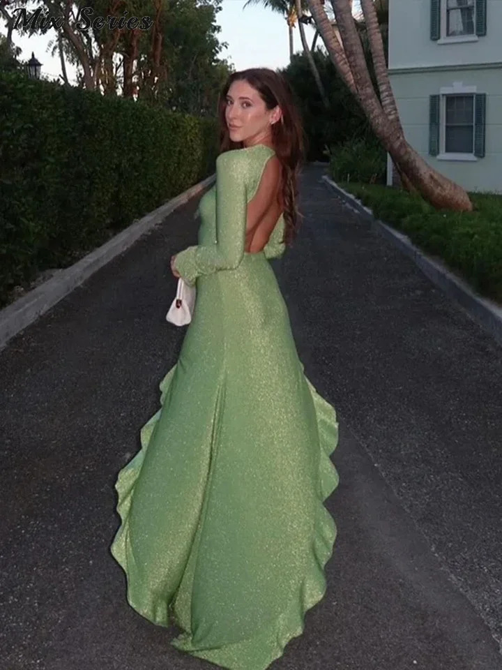 Sexy Ruffles Backless Irregular Long Dress Women Shiny Flare Sleeve Oneck Dresses Summer Lady Party Bodycon Robes 240712