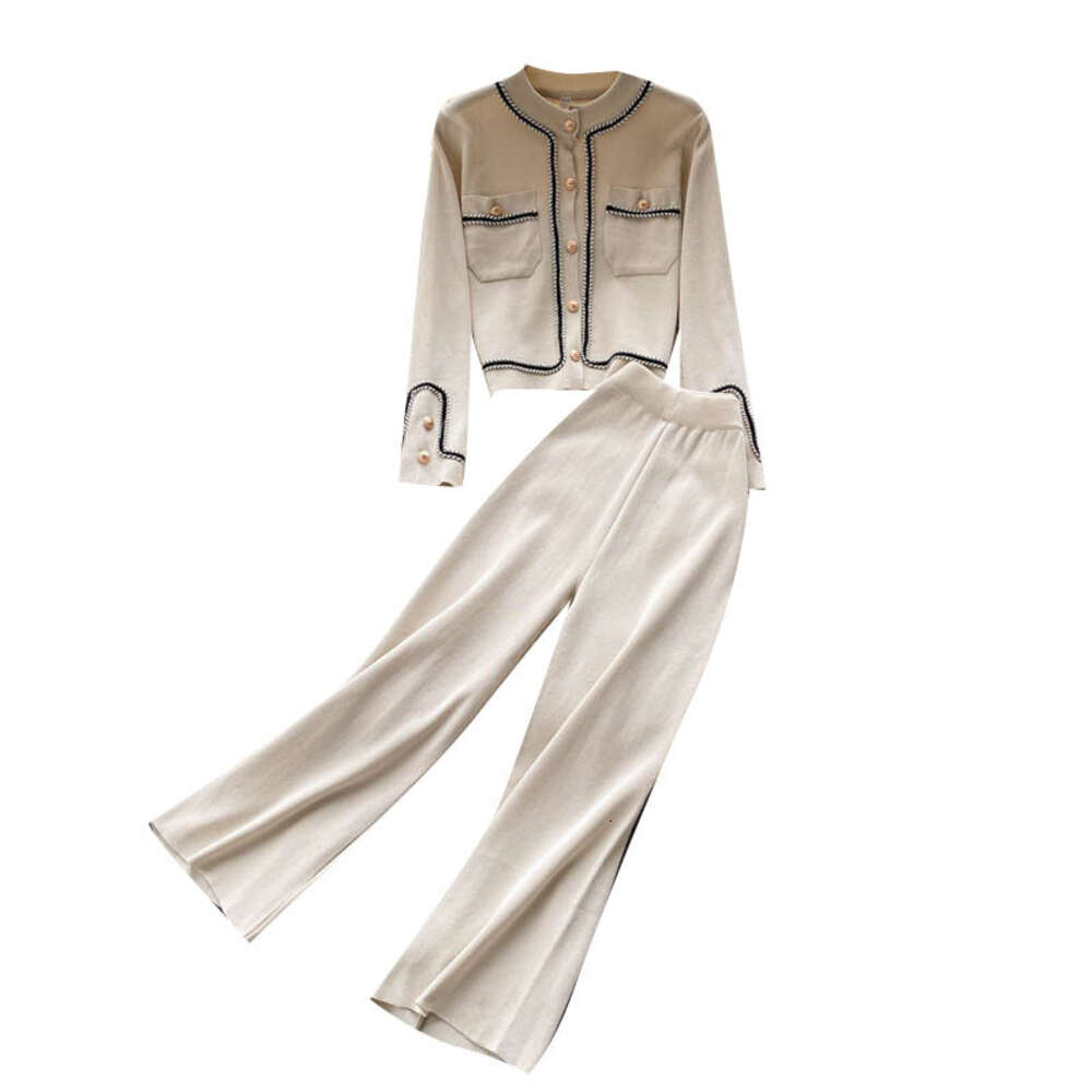Light Mature Style Knitted Suit for Women in Autumn, New Design Sense, Single Breasted Cardigan, High Waist, Slim and Wide Leg Pants, Two-piece Set De