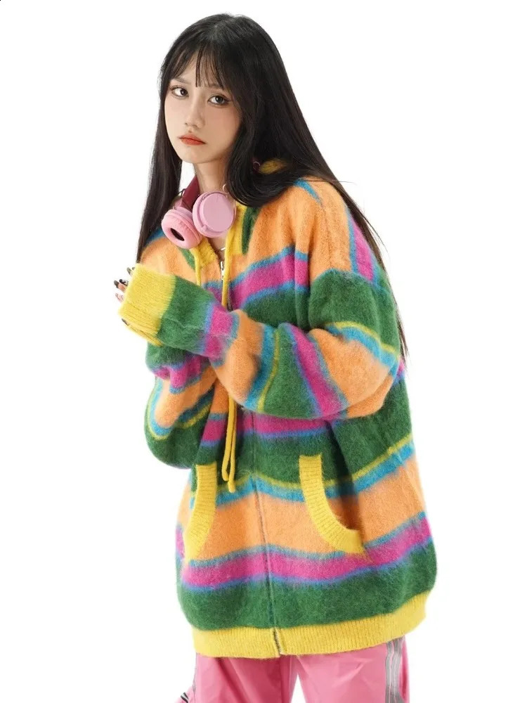 Y2k Zip Rainbow Stripe Sweater Hooded Cardigan Women Retro Zip Up Jumpers Jacket High Street Loose Korean Style Knitted Tops 240724