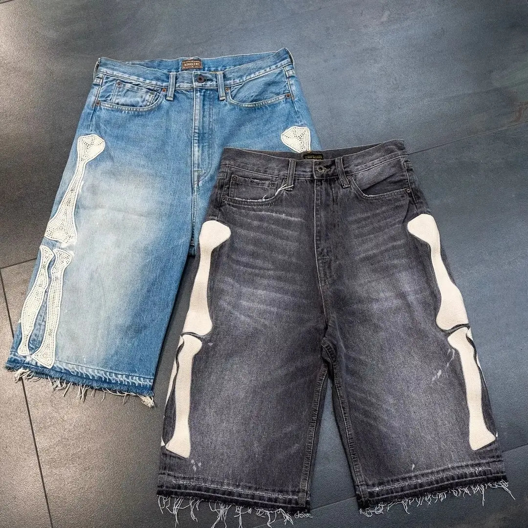 Y2k Fashion Bone Graphics Rhinestone Washed Denim Shorts Mens Loose Street Straight Shorts Harajuku Streetwear Women Pants 240723