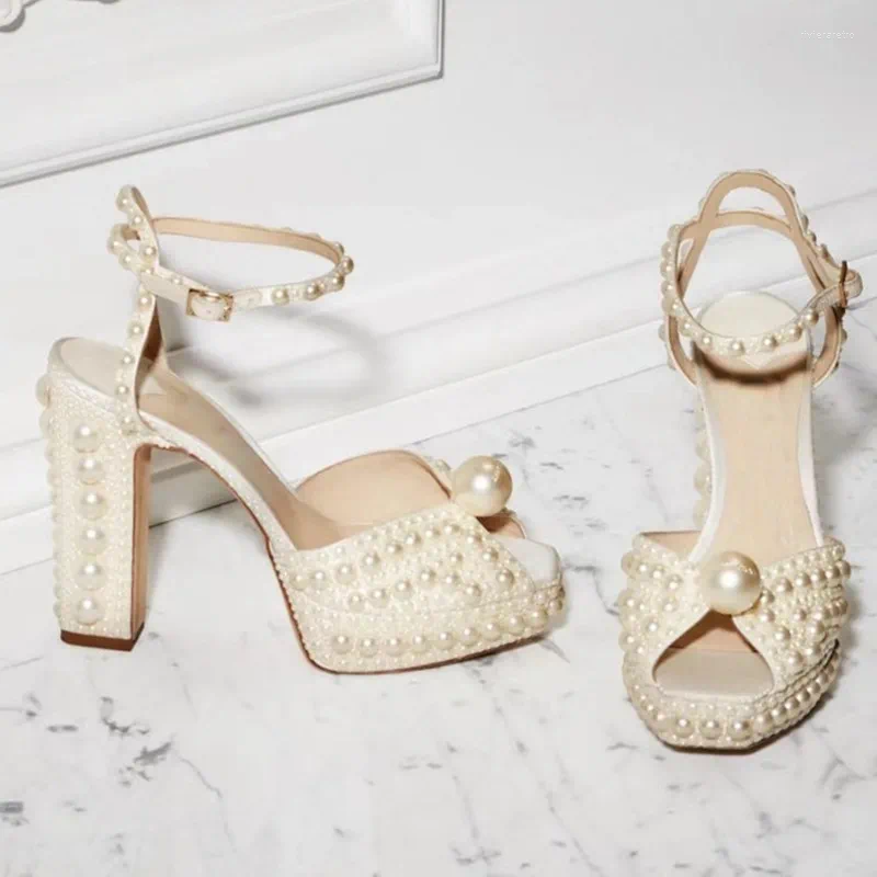 Sandals Handmade Beaded Thick Heel Peep Toe Girls High Platform Women Shoes Wedding Dress Designer Pearl