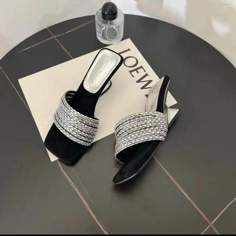 Slippers Shoes Woman 2024 Heels Slides Pantofle Rubber Flip ps Square Toe Low Beige Heeled Sandals High Designer H