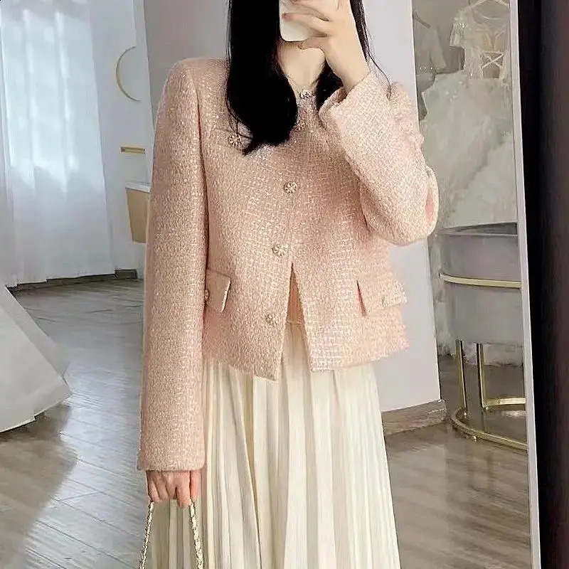 Small Fragrance Tweed Jacket for Women Spring and Autumn Chic Elegant Cropped O-neck Outerwear Pink Casual Loose Blazer Coat 240723