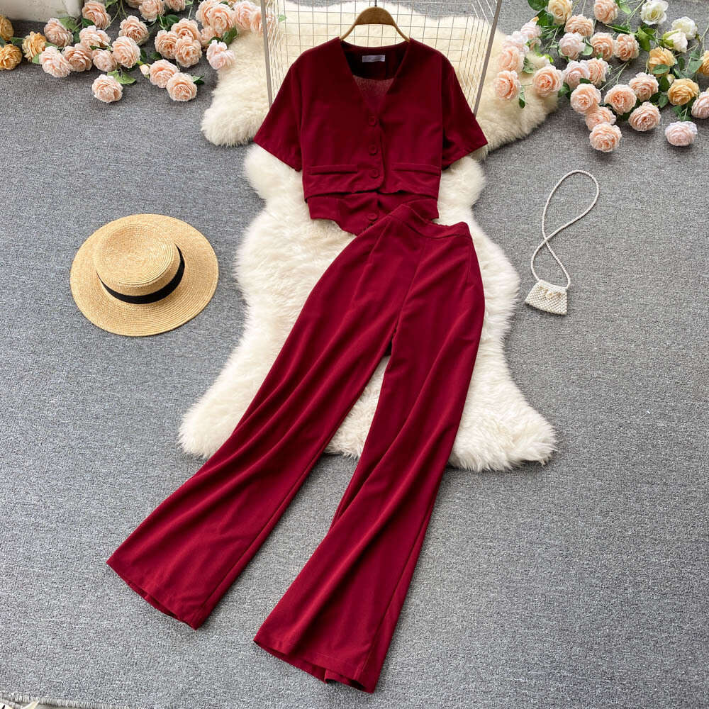 Korean Fashion Womens Summer Camisole Vest Short V-neck Shirt Jacket High Waist Wide Leg Long Pants Three Piece Set Waist Loose High Waist Dress Silk 
