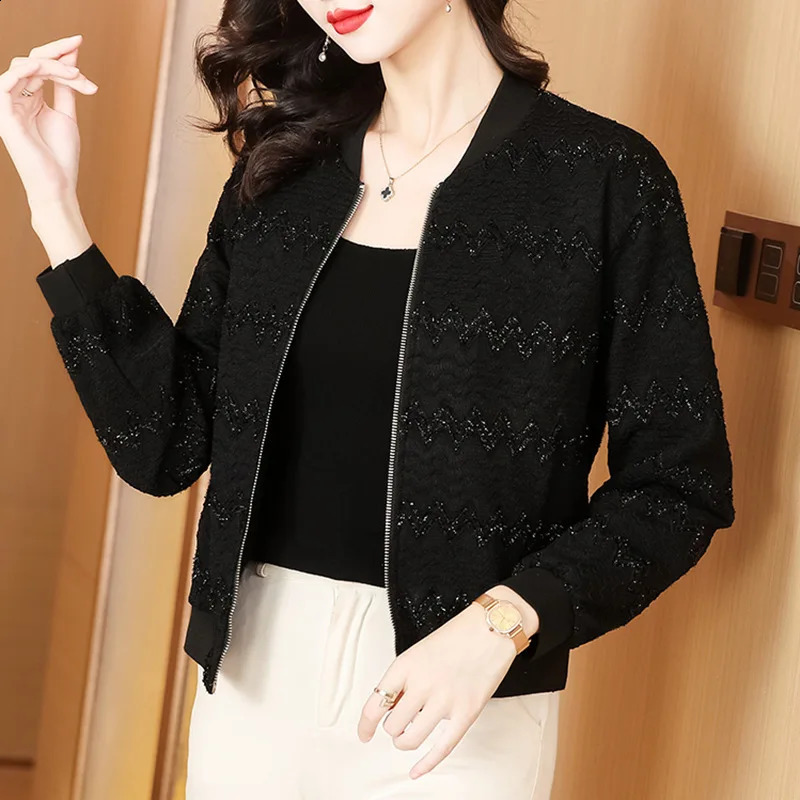 #5363 Black Baseball Jacket Women Zipper Slim Short Coat Ladies Stand Collar Vintage Outerwear Womens Jackets And Coats Slim 240812