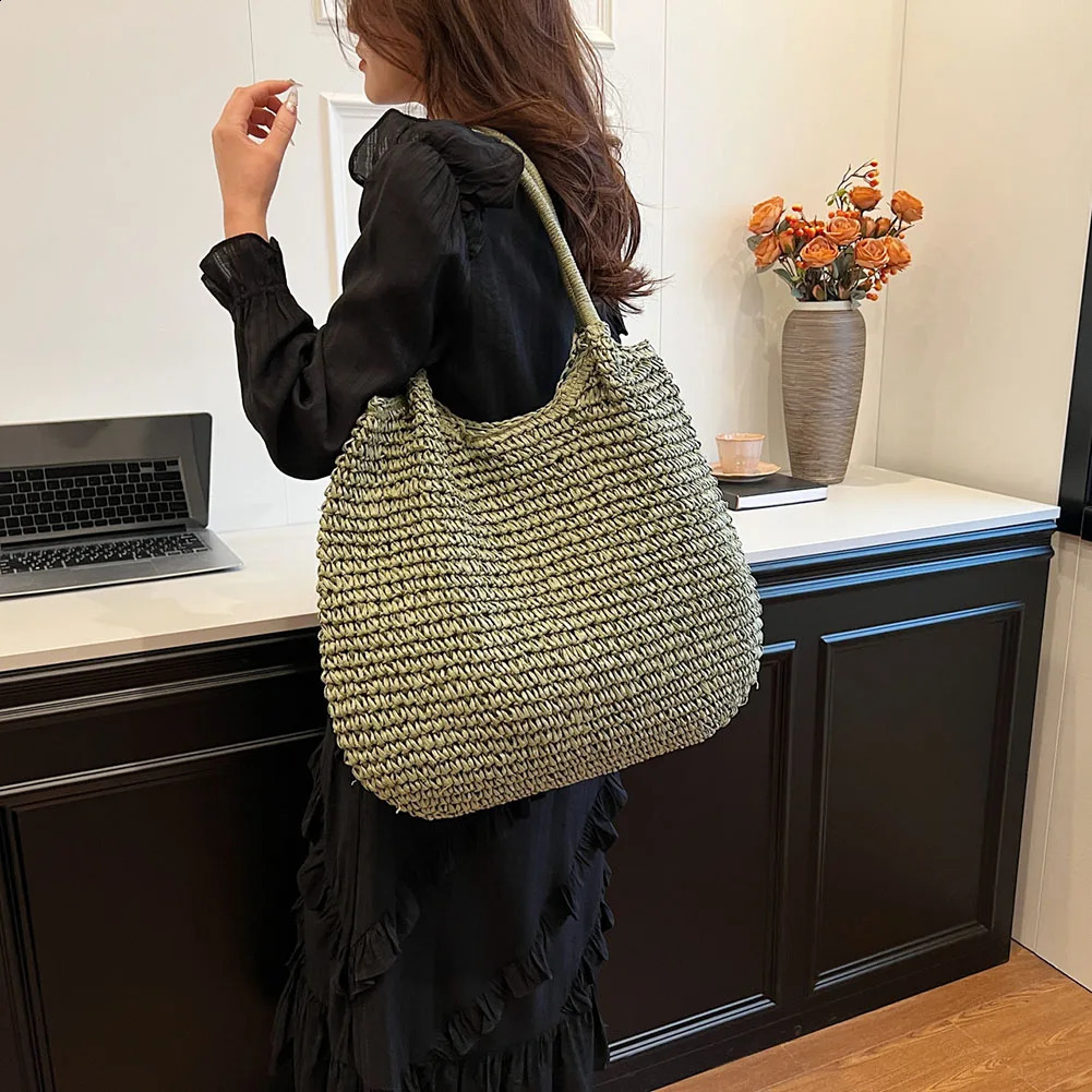Women Vintage Shoulder Bag Large Capacity Crochet Beach Handbag Solid Color Retro Straw Ladies Summer Daily 240723