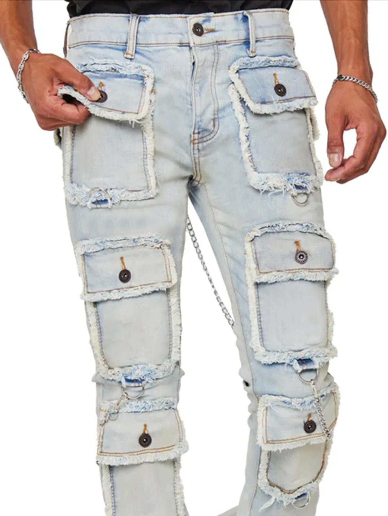 Mens stacked jeans jogging pants street multi pocket mens jeans ultra-thin fit denim jeans240812