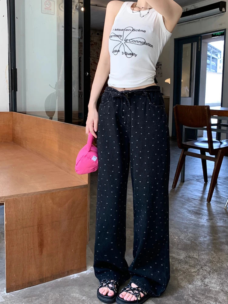 Black Polka Dot Straight Jeans Women High-waisted Loose Wide Leg Pants Autumn Winter Fashion Korean Y2k Streetwear Long Trousers 240812