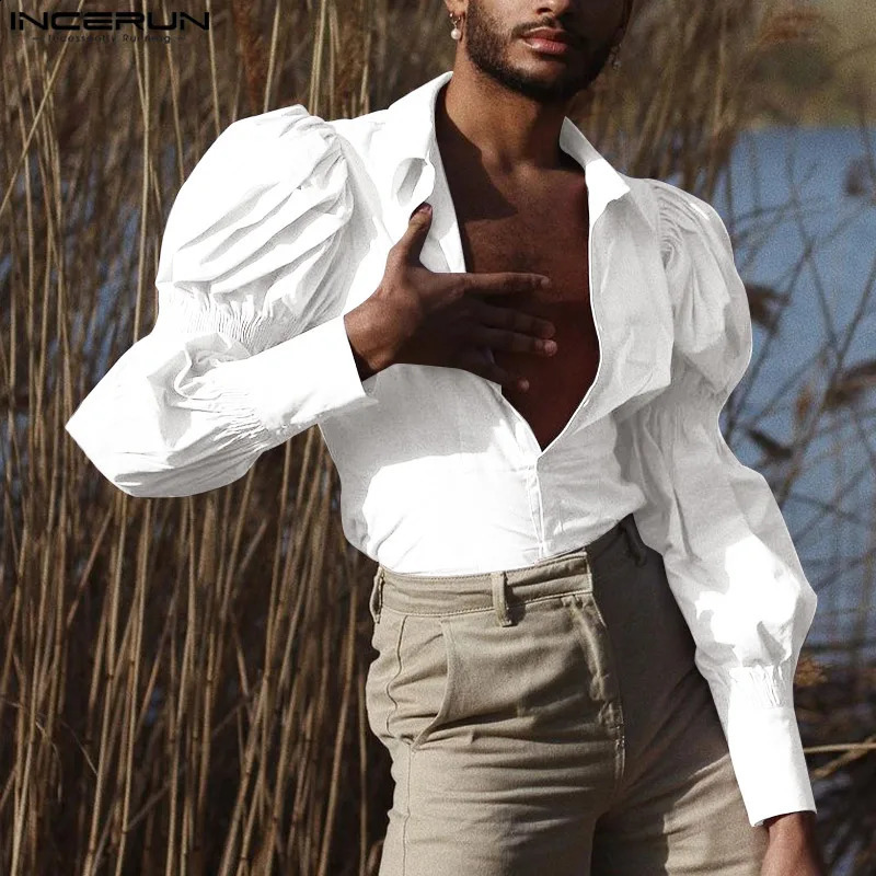 INCERUN Tops 2024 American Style Men Solid Puff Sleeve Shape Blouse Fashion Party Shows Male Loose Long-sleeved Shirts S-5XL 240723