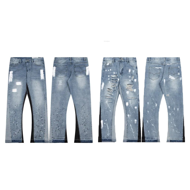 Designer Men's Jeans Gd American Retro Washed Letter Spliced Denim Trousers High Street Trendy Brand Couple Loose Straight Micro-Flared Long B5