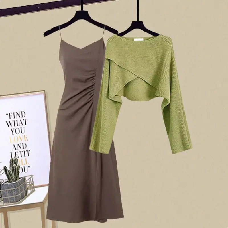 Autumn Irregular Cross Knitted Sweater Pullover Strap Pleated Dress Two Piece Elegant Womens Party Dress 240724