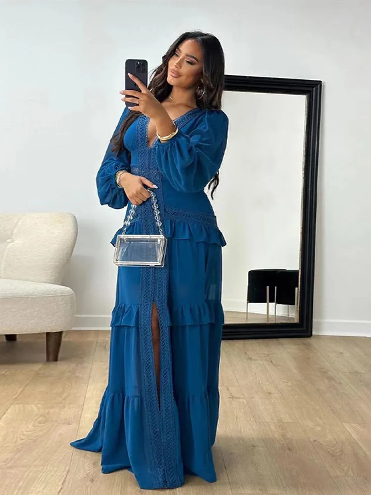 Elegant Hollow Lace Patchwork Ruffle Long Dress For Women Deep V-neck Lantern Sleeves Slim Maxi Dresses Evening Party Robes 240723