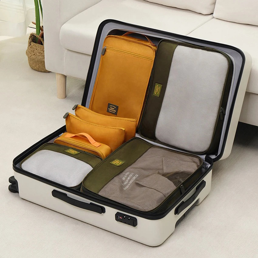 7pcs Set Travel Clothes Bag Luggage Shoes Toiletries Holder Case Portable Packing Wardrobe Bra Sock Pants Organizer Bag Large 240724