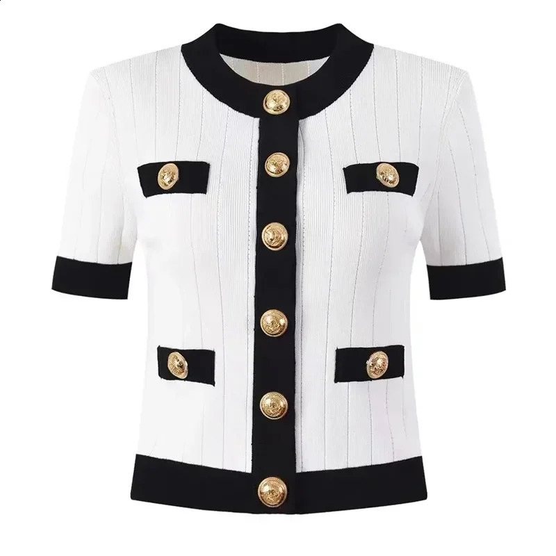 Stylish Vintage Knit Sweater Women Gold Buttons Cardigans Tops 2024 Summer Short Sleeve O-neck Elegant Fashion Chic Knitwear 240723