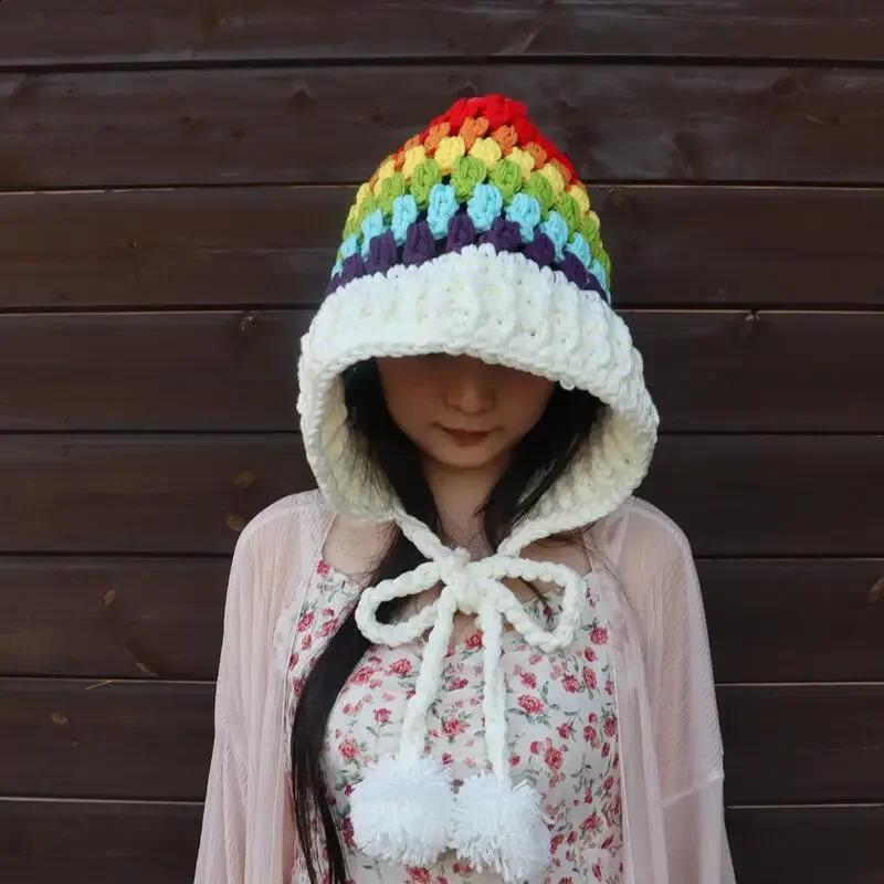 Womens Crochet Rainbow Long-tailed Hat Knitted Wool Rainbow Hat Parent-child Winter Long Braid Elf Hat 240719