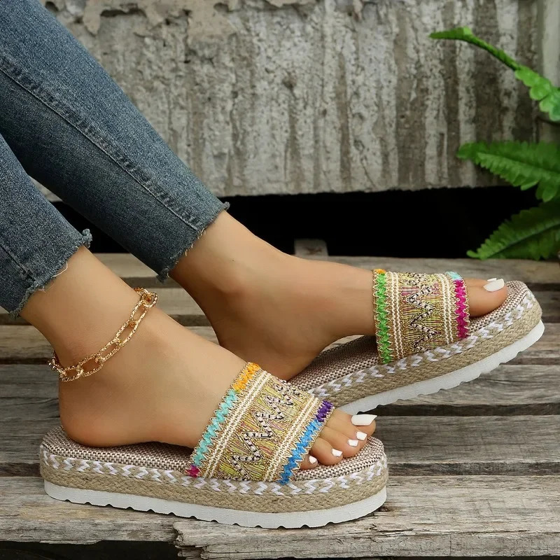 Summer Ladies Slippers Outdoor Beach Sandals Bohemian Ethnic Style Handmade Espadrilles Platform Slippers Flip Flops Women 240719
