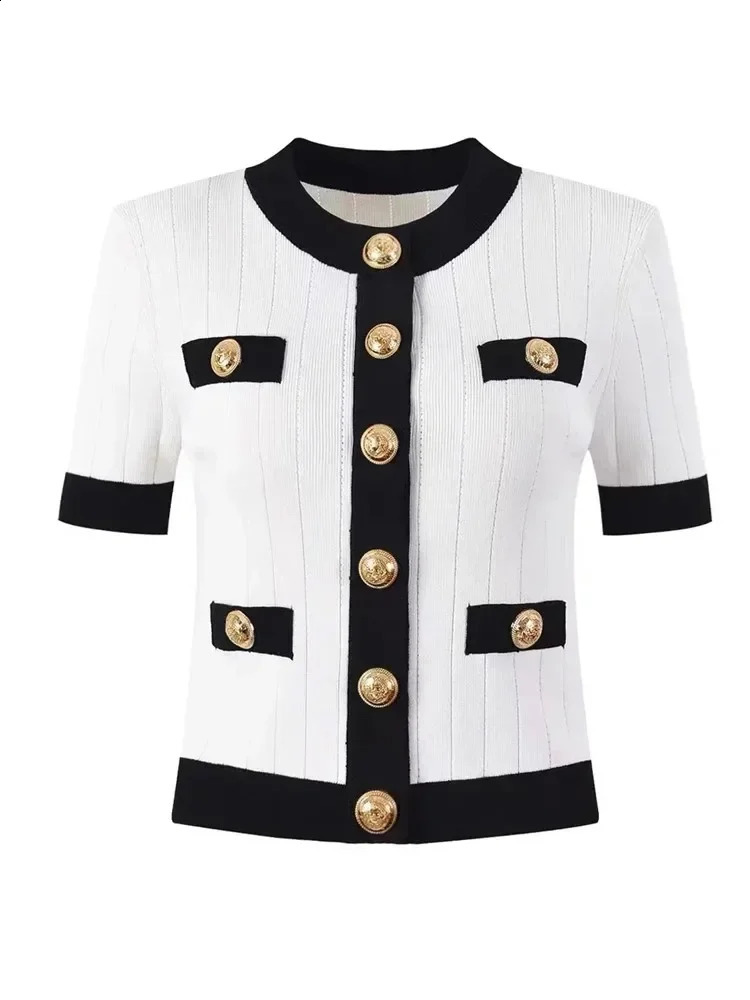Stylish Vintage Knit Sweater Women Gold Buttons Cardigans Tops 2024 Summer Short Sleeve O-neck Elegant Fashion Chic Knitwear 240723