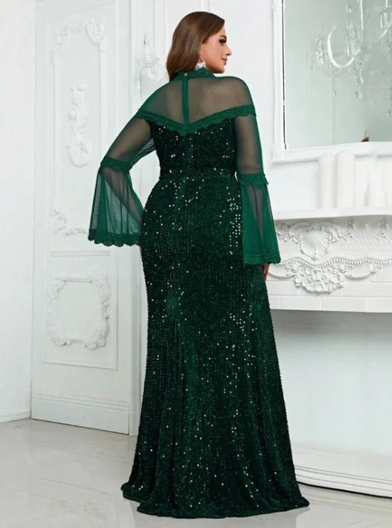 Sequined Plus Size Evening Dresses With Long Sleeves Velevet Mermaid Prom Gowns Sheer High Necke Or Length Special Ocn Dress 0219