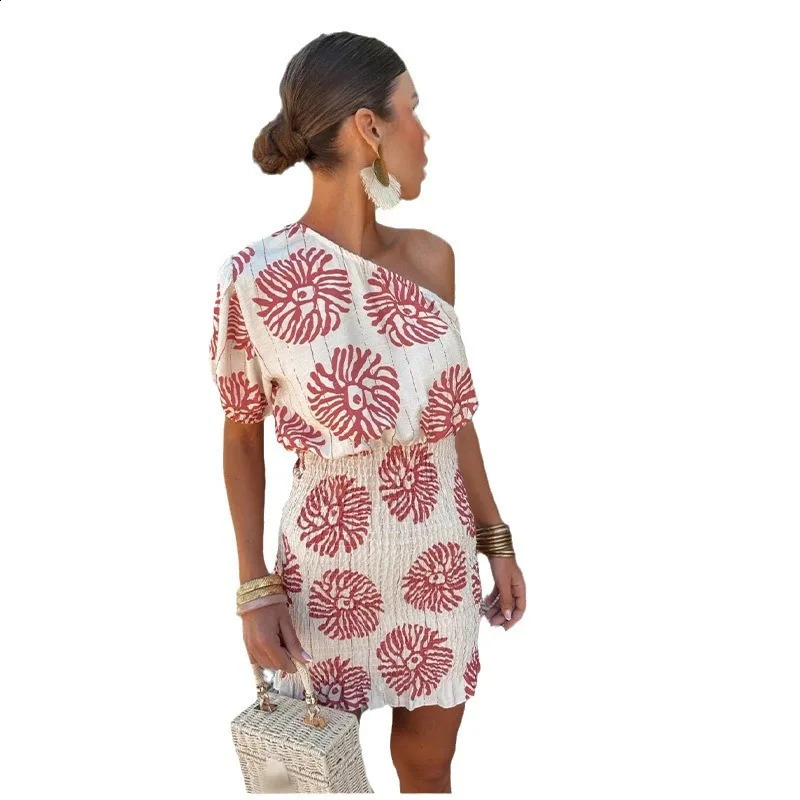 Women Elegant Slim Fit Mini Dress Irregular One Shoulder Summer Short Sleeve Print Dresses Streetwear Vintage Sexy Party Vestido 240723