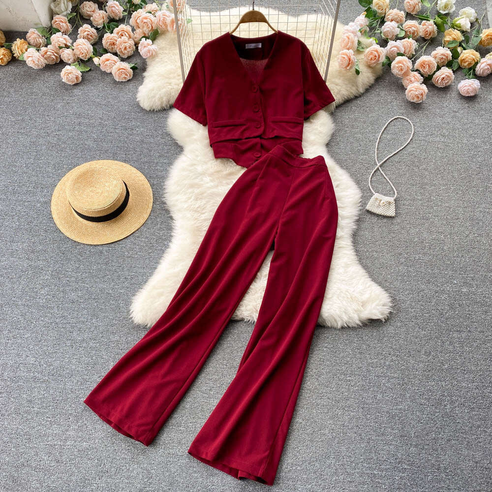 Korean Fashion Womens Summer Camisole Vest Short V-neck Shirt Jacket High Waist Wide Leg Long Pants Three Piece Set Waist Loose High Waist Dress Silk 