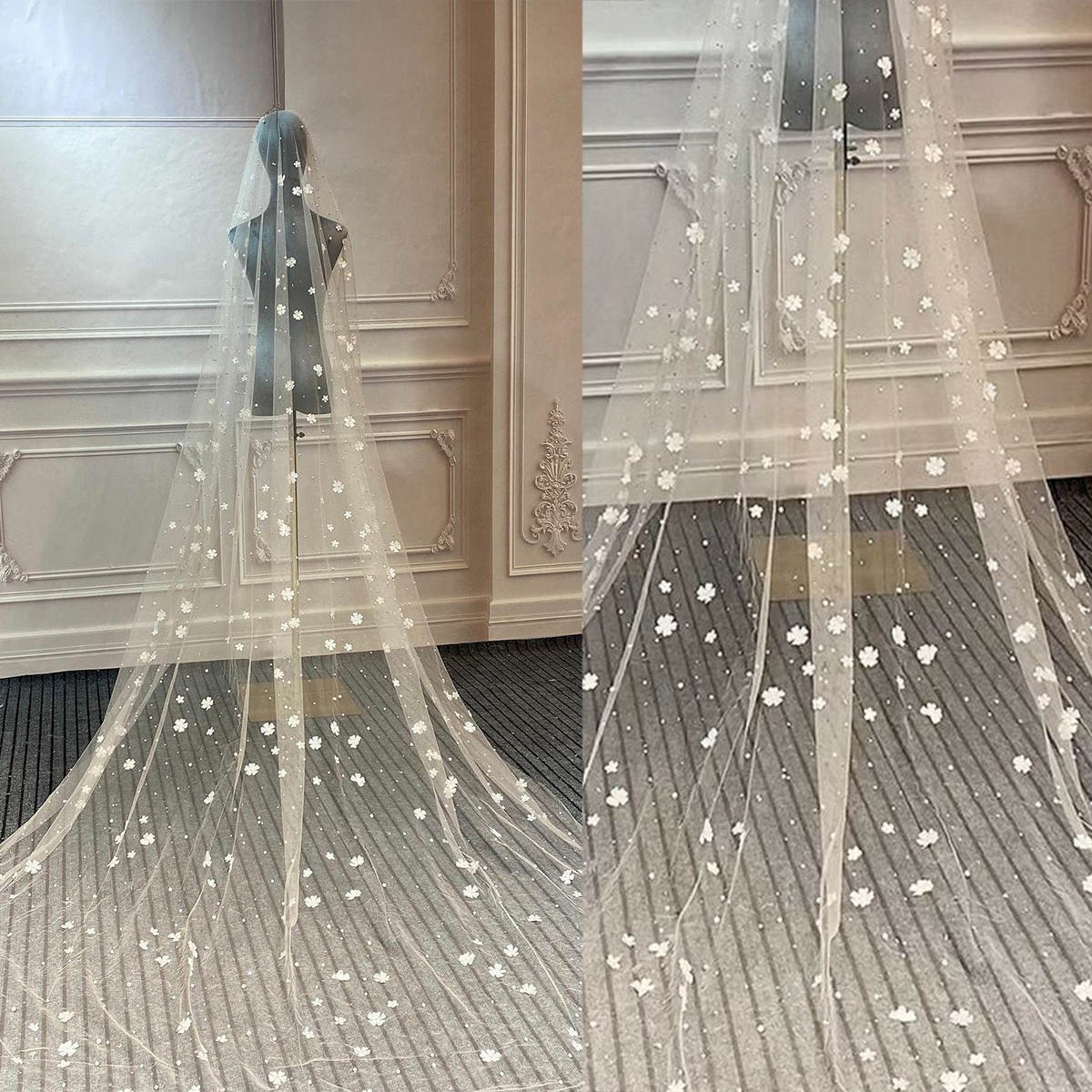 Simple Wedding Veil For Bride Flowers Pearls Bridal Veil Long Royal Cathedral Special Cut with Comb Veil White Ivory 3M Wedding Accessories