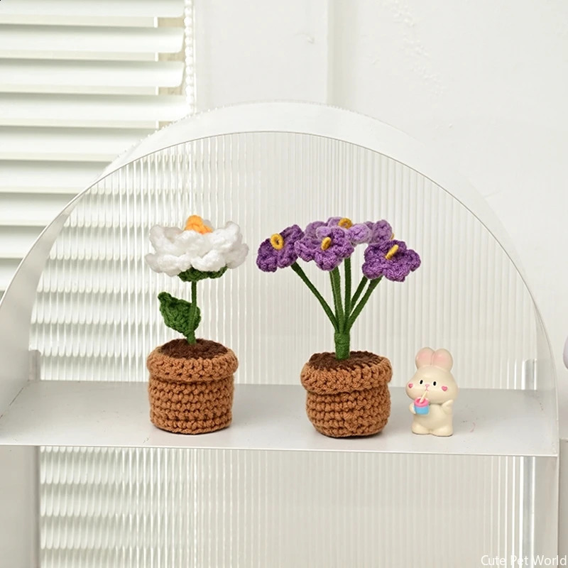 Mini crochet flower pot tulip sunflower plum blossom artificial handmade table decoration day gift wedding guest 240724