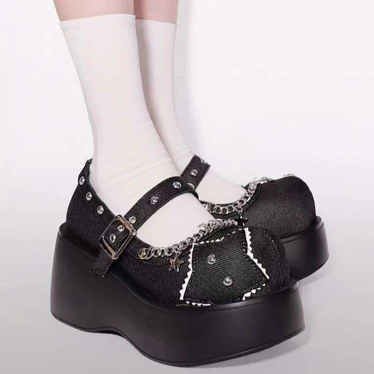 2024 Denim Thick Bottom Single Shoe with One Button Round Head Punk Subculture Sponge Cake Casual Height Boosting Shoes