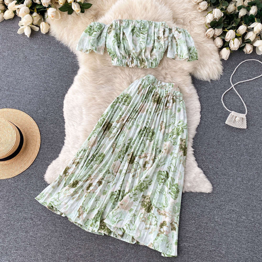Vacation Style Set, Womens Design Sense, One Shoulder Short Sleeved Strapless Top, Pleated Skirt, Two-piece Set Sexy Lace Dress Pregnant Womens Dress