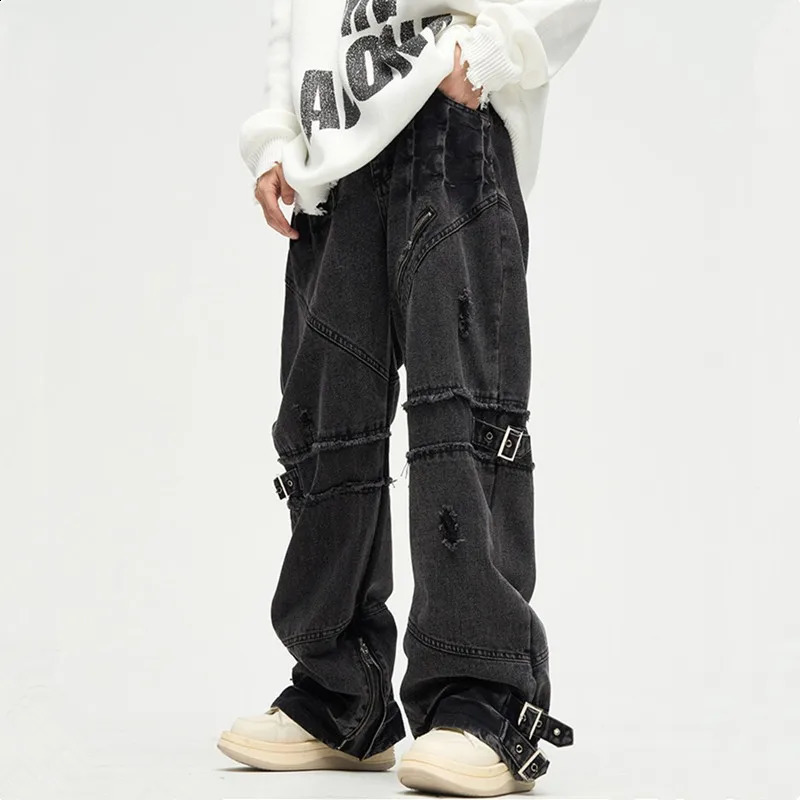 Y2K Streetwear Black Baggy Ripped Stacked Jeans Cargo Pants For Men Clothing Straight Denim Trousers Pantalon Homme 240821