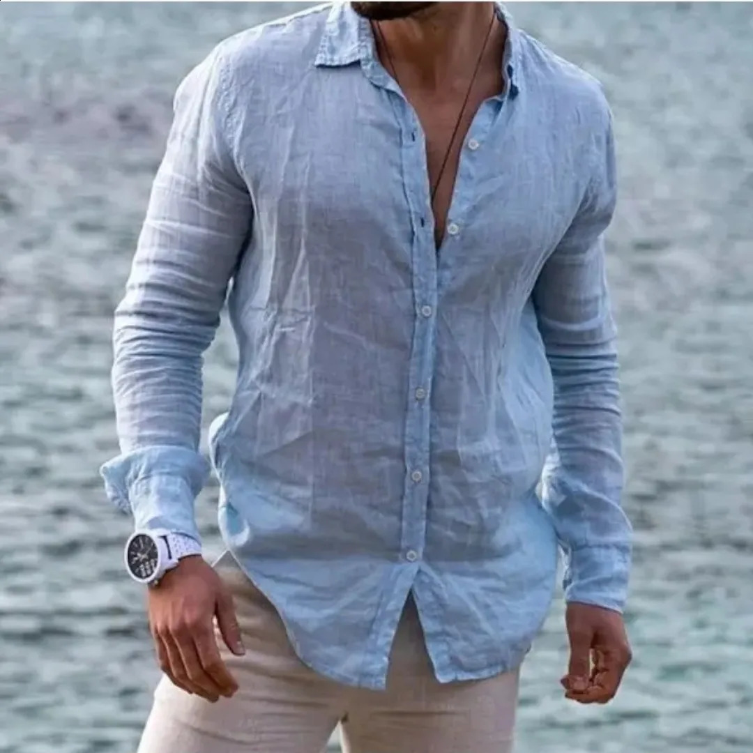 Mens Vintage 100% Cotton Linen Casual Long Sleeve Solid Color Turn-down Collar Shirt 240724