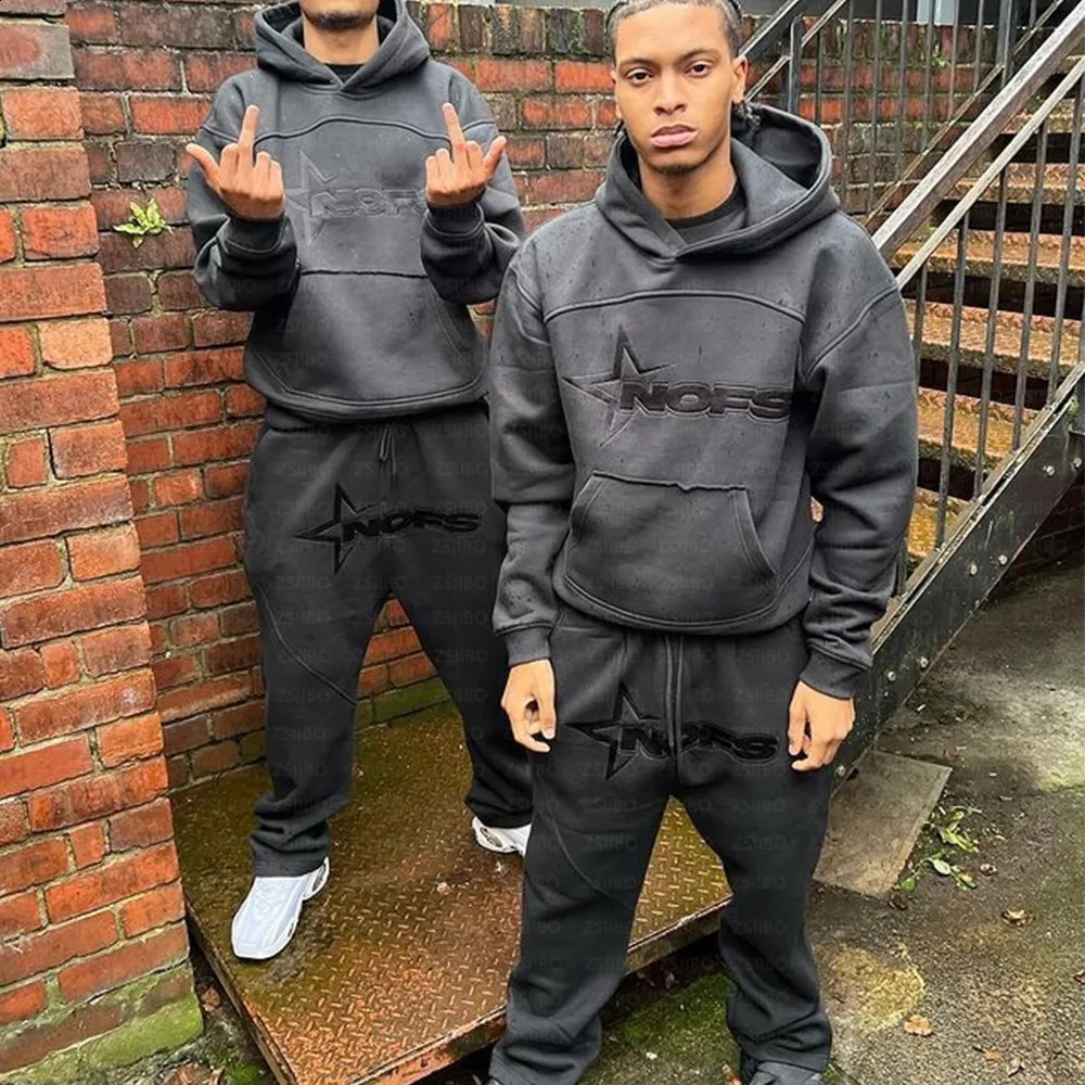 Harajuku hoodie Men Y2k Hip hop letter graphic printed hooded sweatshirt Punk rock oversized jumper loose sweatpants suit 240724