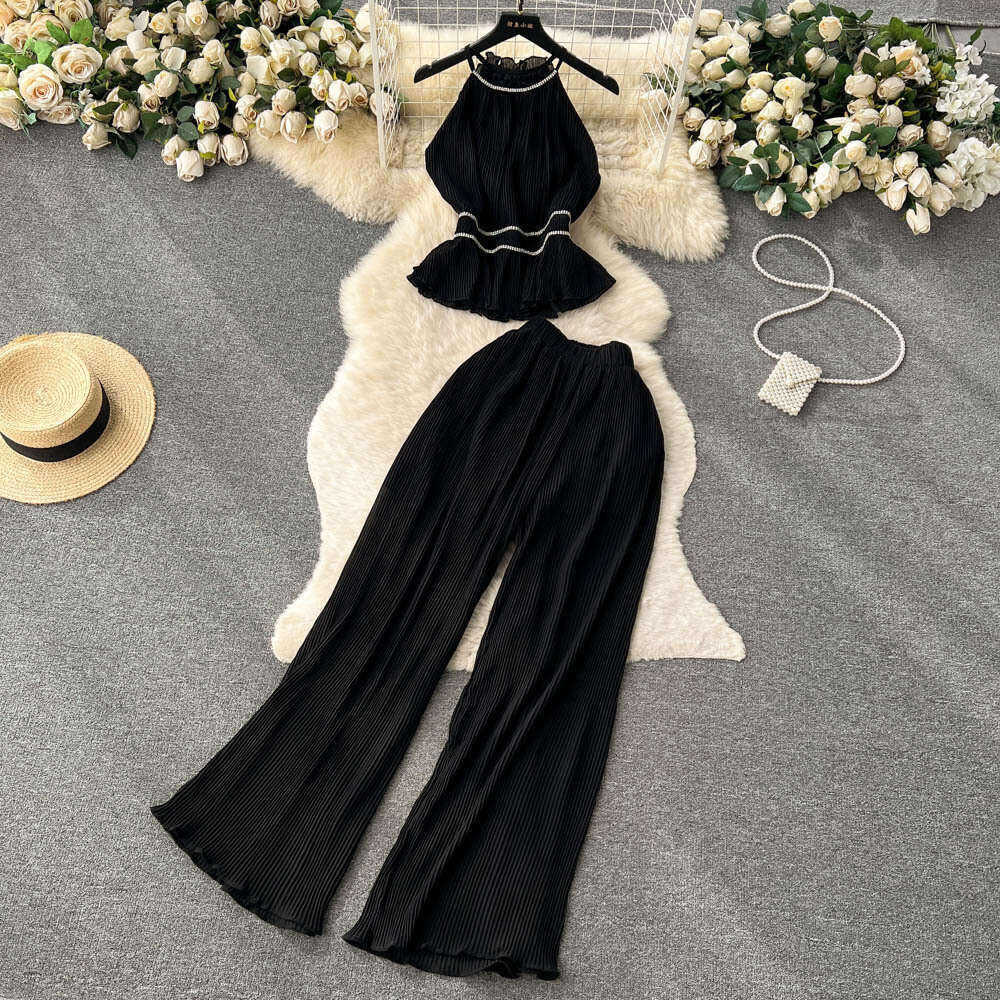 Light Luxury and Socialite Style Fashion Set, Womens Pleated Diamond Hanging Neck Vest+casual High Waisted Wide Leg Long Pants Novelty Pregnant Womens